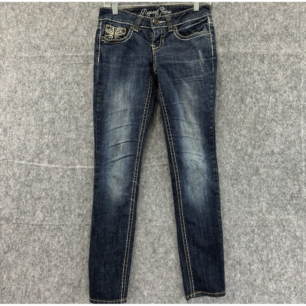 Request Jeans Womens Size 5/27 Embellished Denim Pants Dark‎ Wash Low Skinny Leg